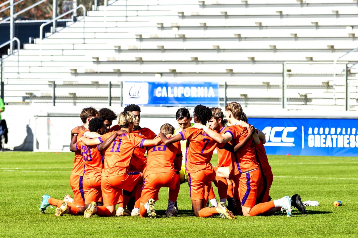 The Clemson men's soccer team huddles up before its match against Wake Forest in the ACC Championship in Cary, North Carolina, on Nov. 17. 