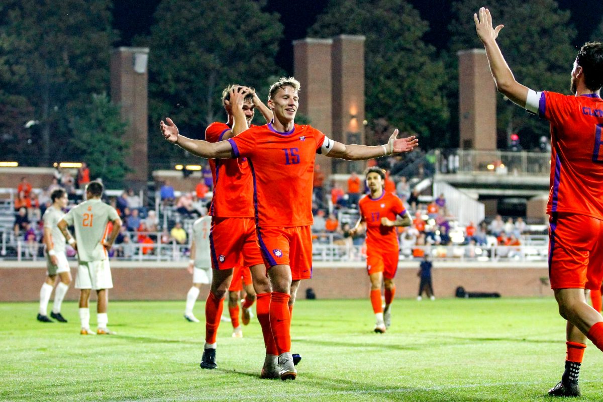 Alex Meinhard (15) scored the lone goal in Clemson's victory against Stanford in the quarterfinals of the ACC Tournament.