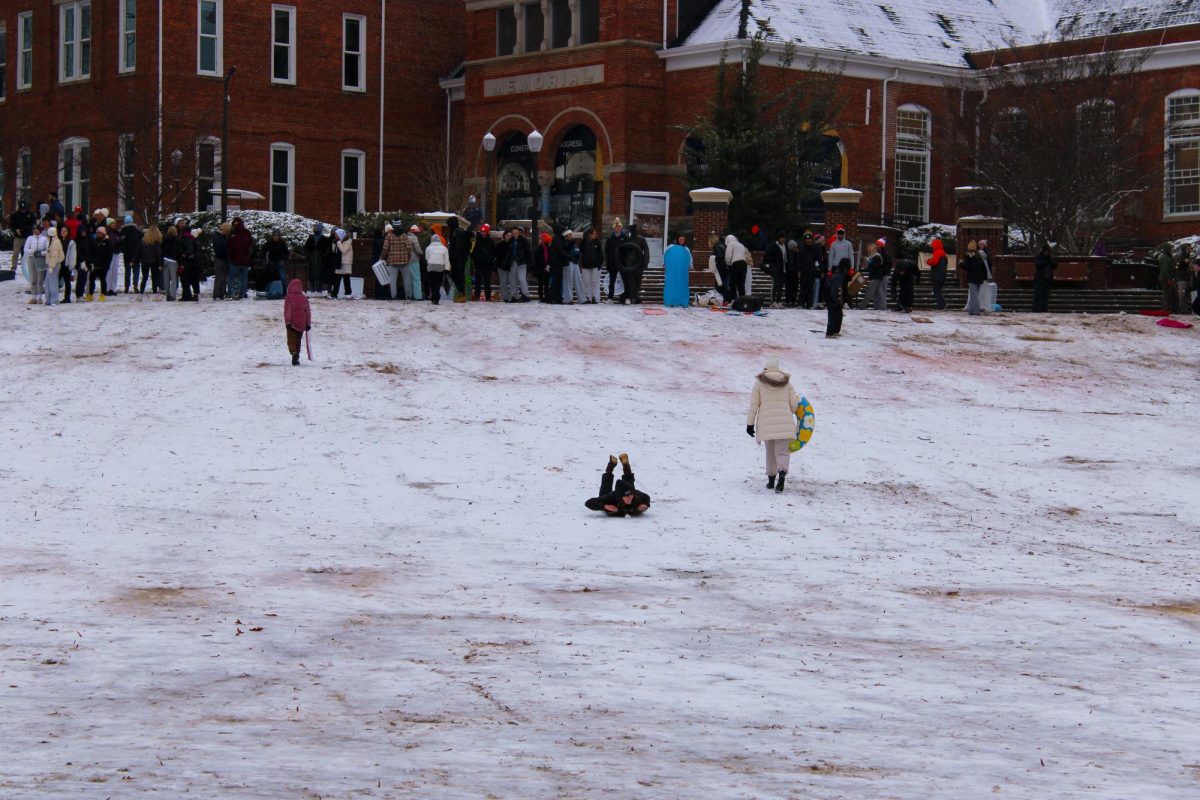 If students weren’t sledding, they were building snowmen around campus, some complete with Clemson hats, scarves, stick arms and more.