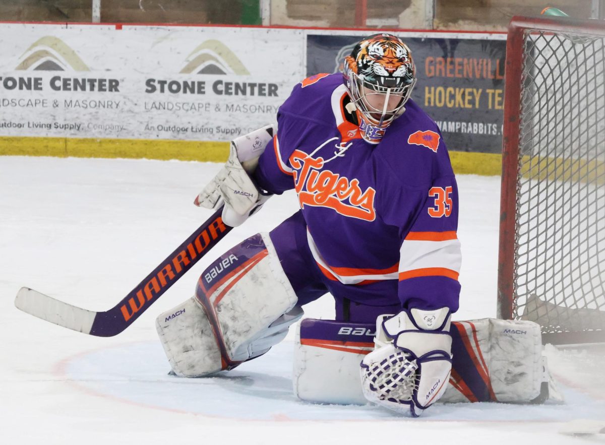 Clemson goalie Parker Dietz watches the puck skid past the net in Clemson's game against Alabama-Huntsville on Jan. 11.