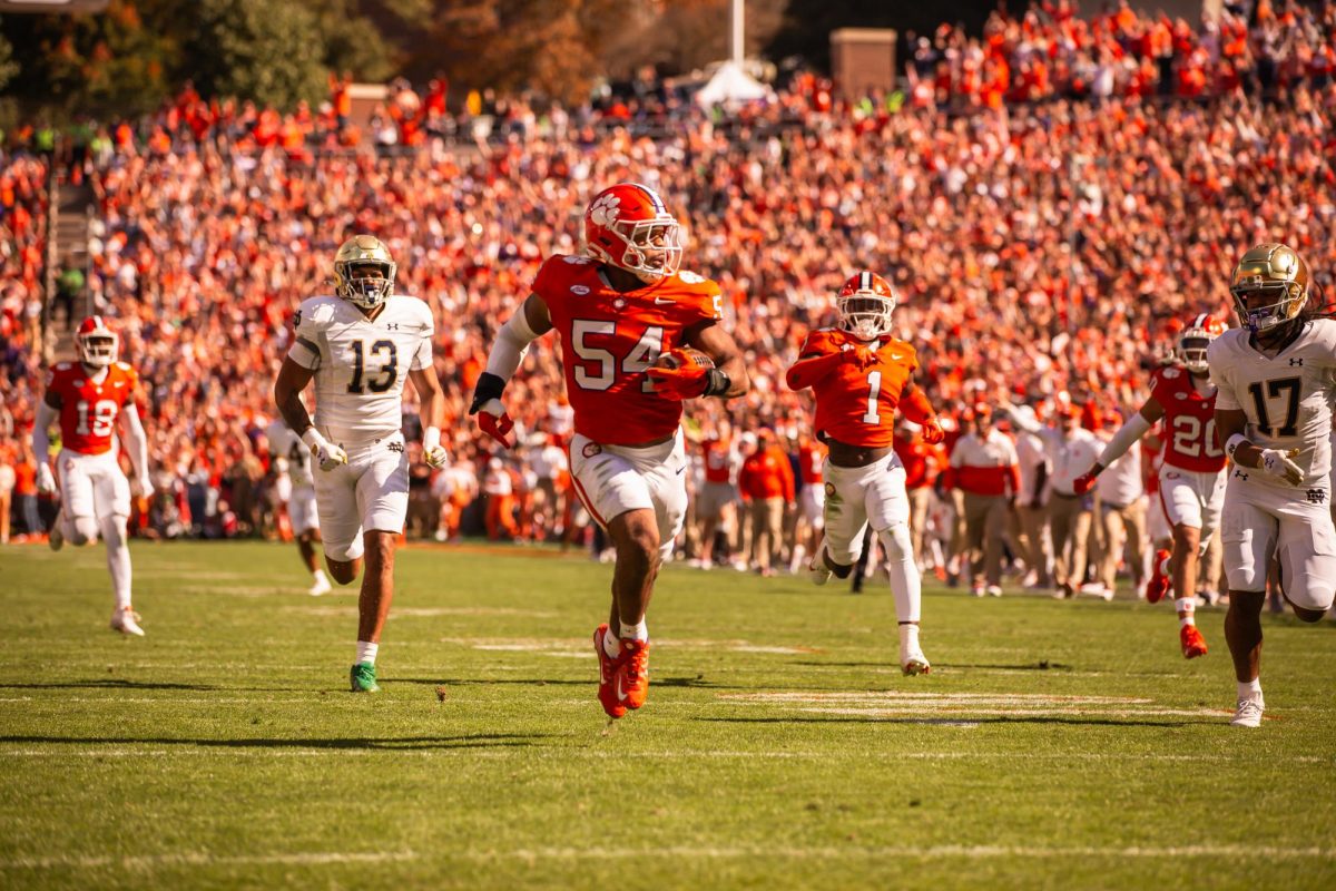 Jeremiah Trotter Jr. returns a pick six to the end zone in the Tigers' upset win over Notre Dame on Nov. 4, 2023.