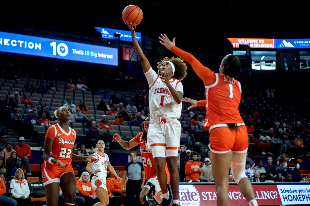 Clemson guard Loyal McQueen (1) puts up a layup in the Tigers' loss to Syracuse at Littlejohn Coliseum on Jan. 26. 