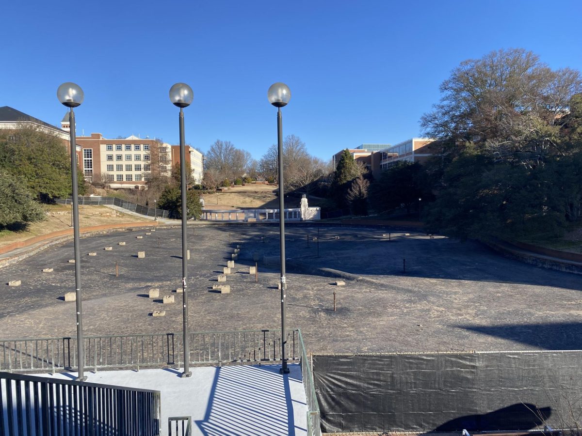 The reflection pond in front of Cooper Library has been drained to prepare for construction that will increase ADA accessibility.