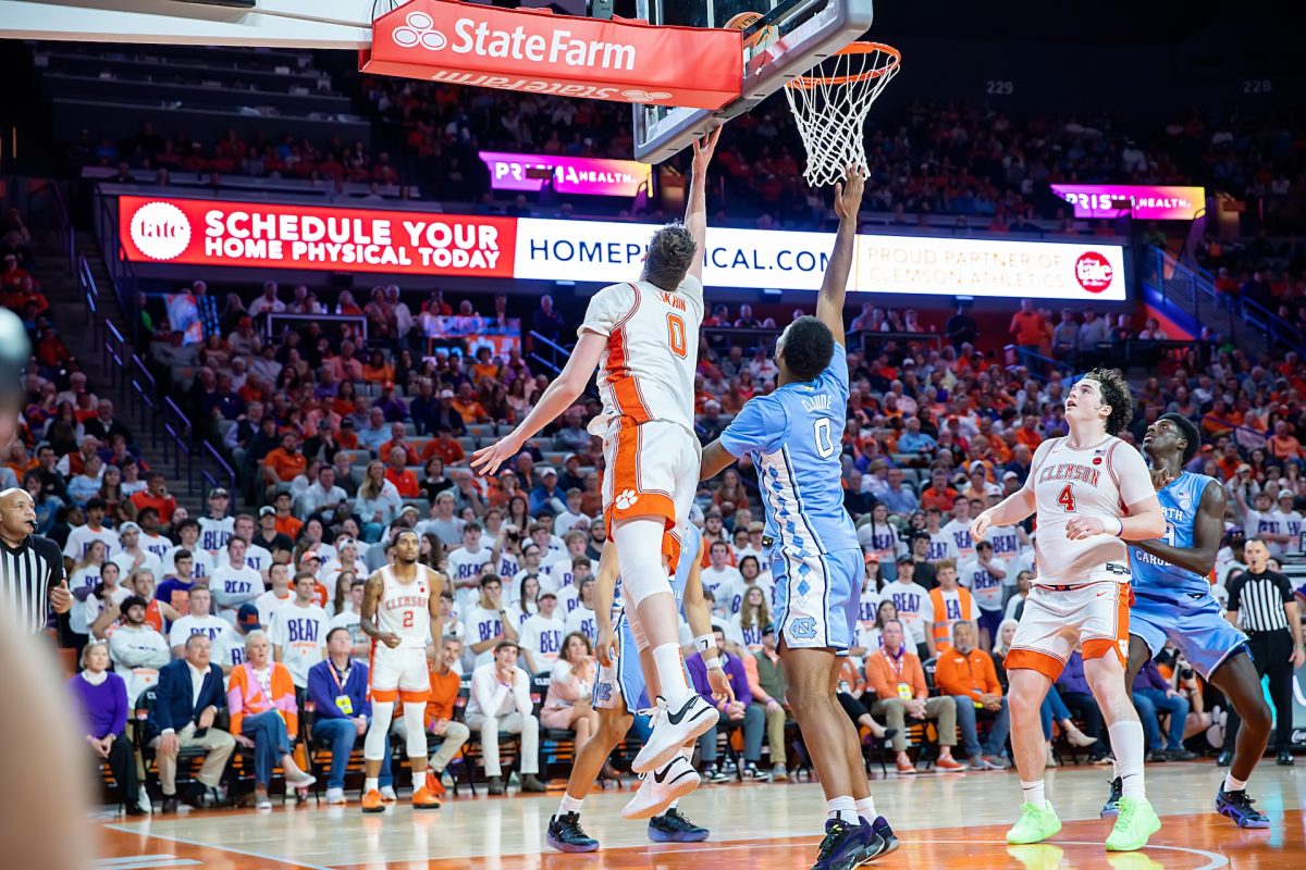 Clemson center Viktor Lakhin attempts a layup in the Tigers' win over North Carolina on Feb. 10 at Littlejohn Coliseum. 