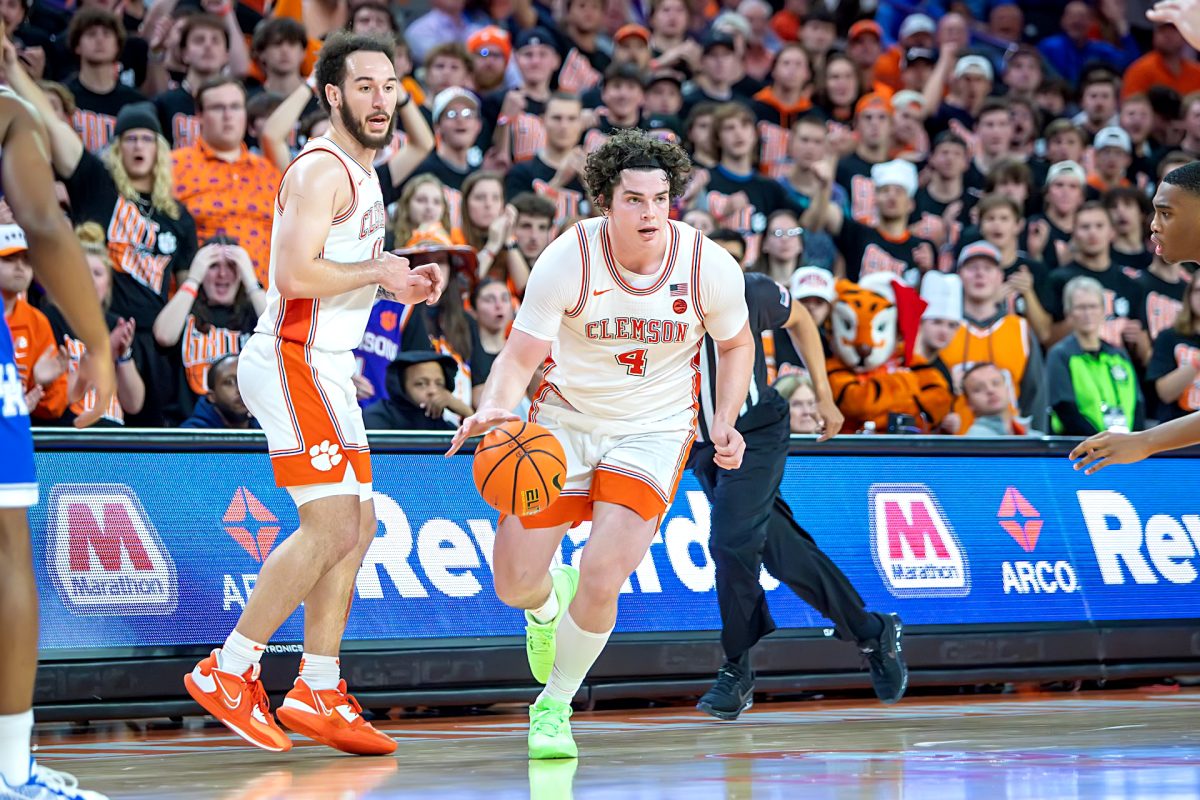 Clemson forward Ian Schieffelin (4) recorded a double-double in the Tigers' win over No. 2 Duke at Littlejohn Coliseum on Saturday night. 