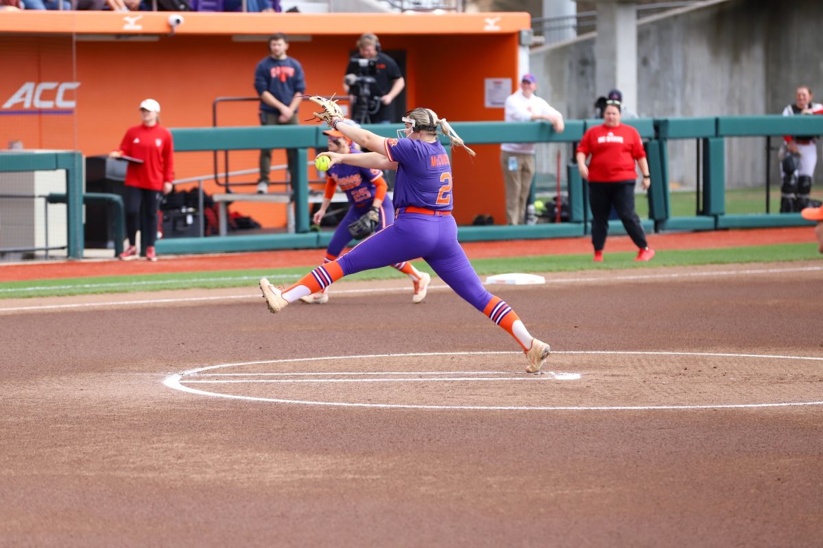 Clemson pitcher Brooke McCubbin (2) winds up during the Tigers' doubleheader against NC State on March 2, 2024, at McWhorter Stadium.