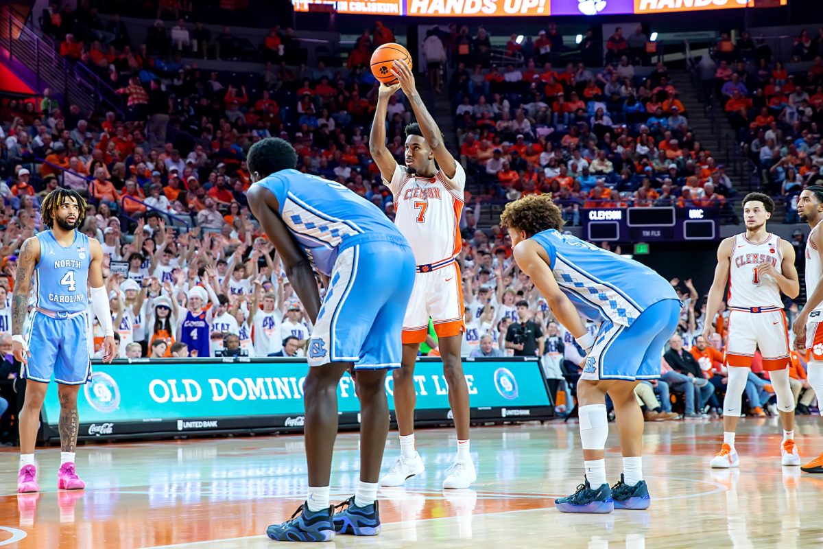 Clemson forward Chauncey Wiggins attempts a free throw in the team's win over North Carolina on Feb. 10 at Littlejohn Coliseum. 