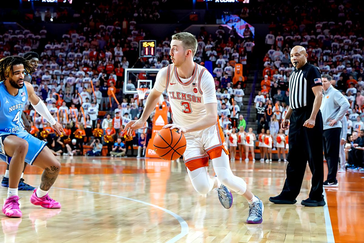 Clemson guard Jake Heidbreder drives to the basket in the Tigers' win over North Carolina on Feb. 10 at Littlejohn Coliseum. 