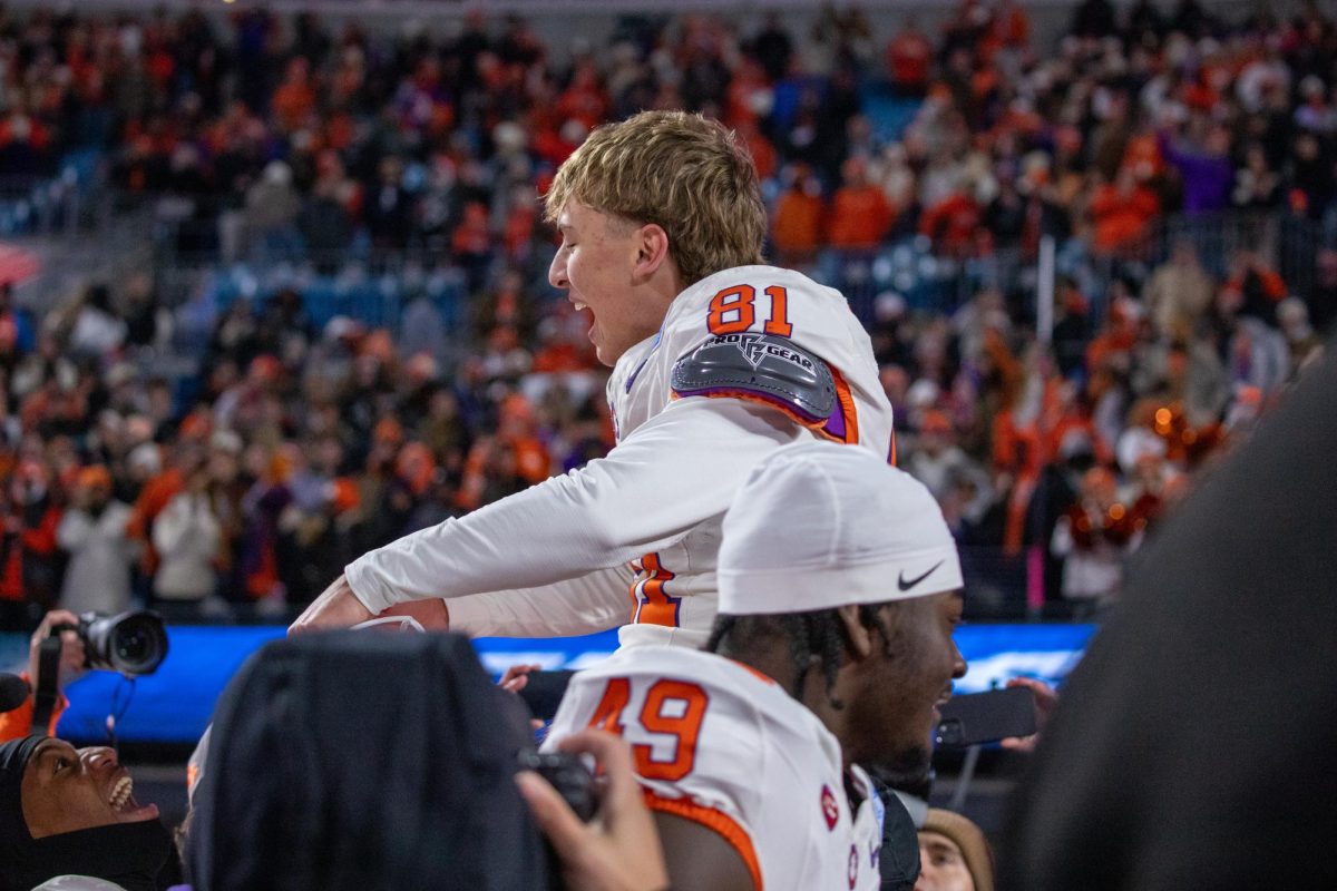 Nolan Hauser celebrates after making the game-winning kick in the ACC Championship game.