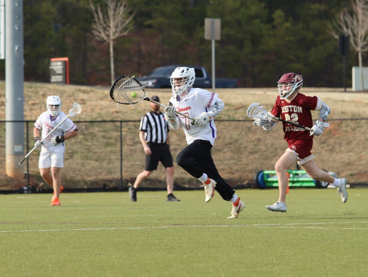 Clemson goalie John Hennessey clears the ball up the field against Boston College on Feb. 8.