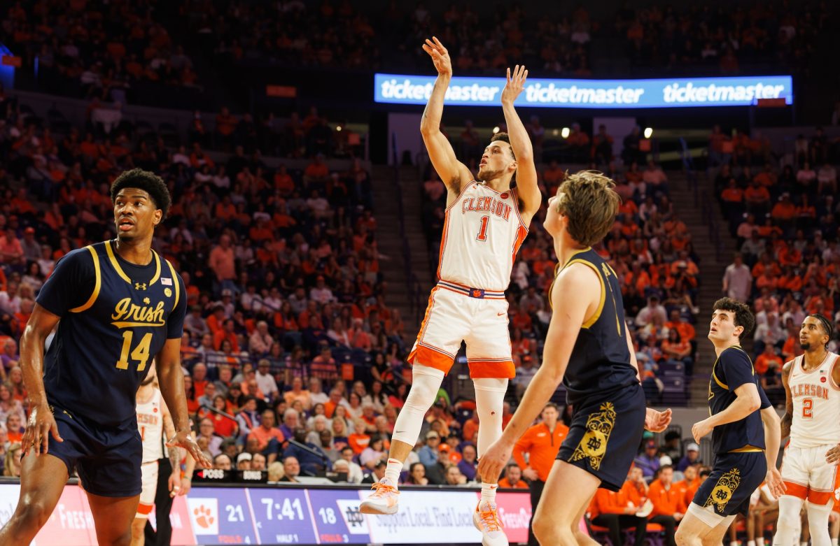 Clemson guard Chase Hunter attempts a shot in the Tigers' win over Notre Dame on Feb. 26 at Littlejohn Coliseum.