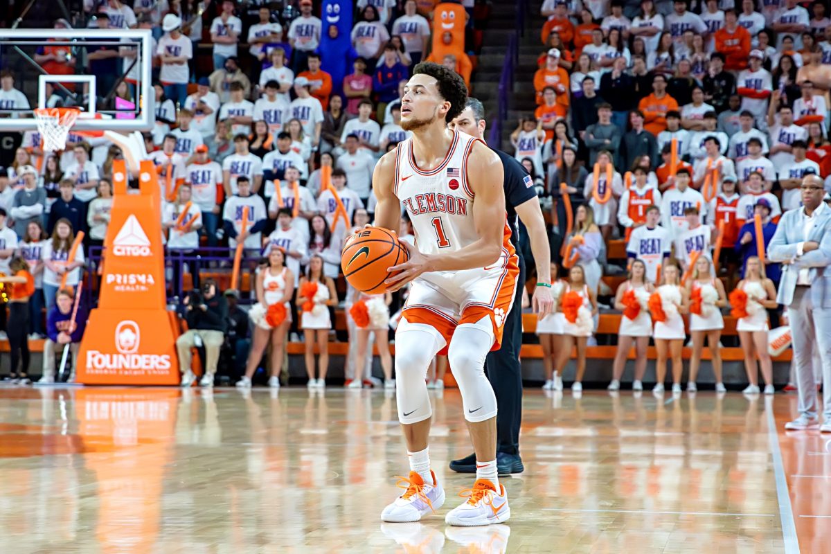 Clemson guard Chase Hunter attempts a shot in the Tigers' win over North Carolina at Littlejohn Coliseum on Feb. 10.