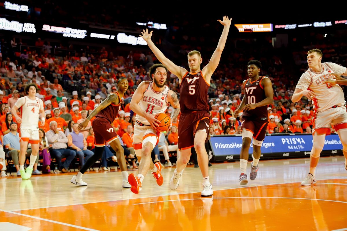 Clemson guard Jaeden Zackery drives to the hoop in the Tigers' win over Virginia Tech on March 8 at Littlejohn Coliseum.