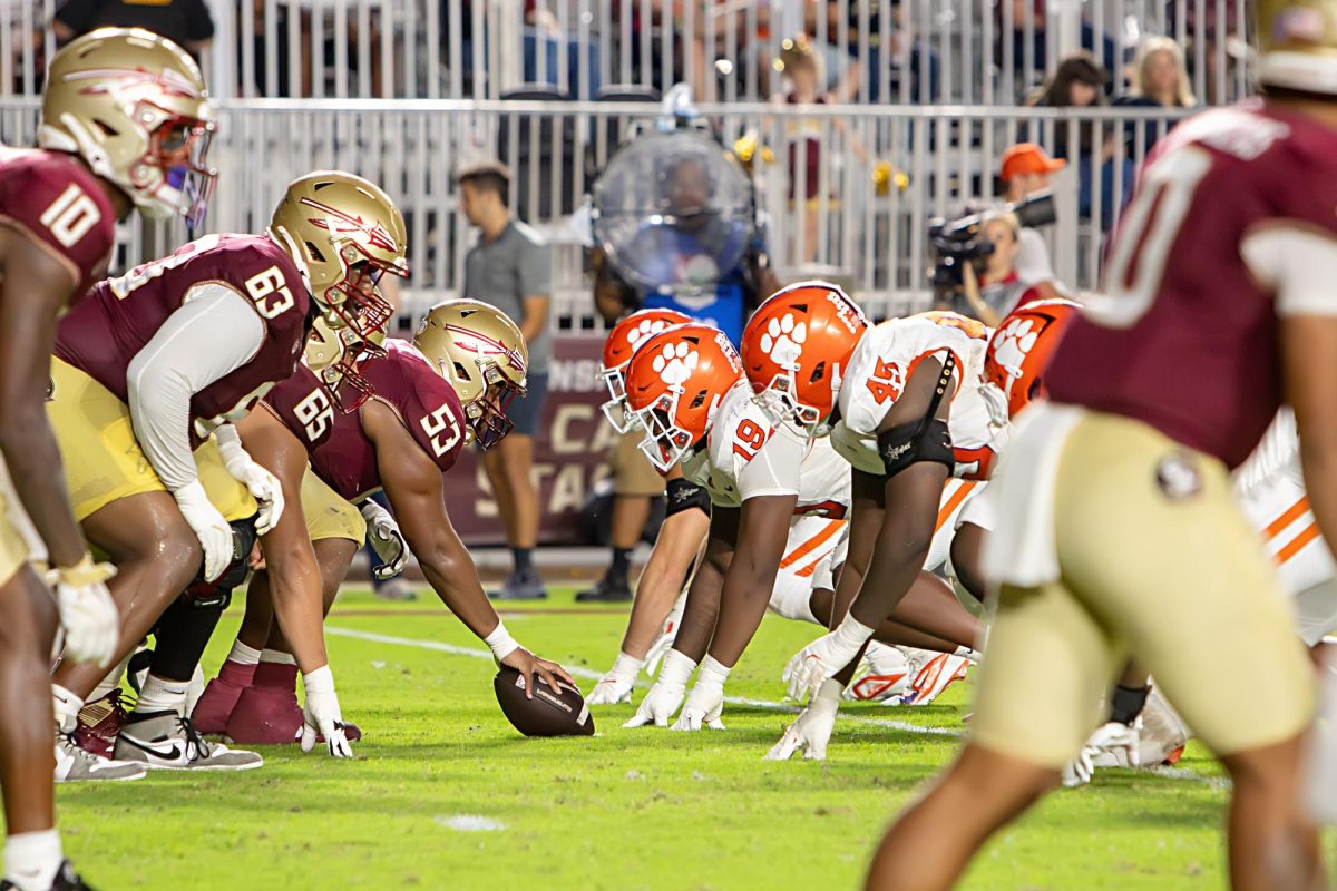 The Tigers' defense prepares to pounce in a 29-13 win over the Florida State Seminoles at Doak Campbell Stadium on Oct. 5, 2024.