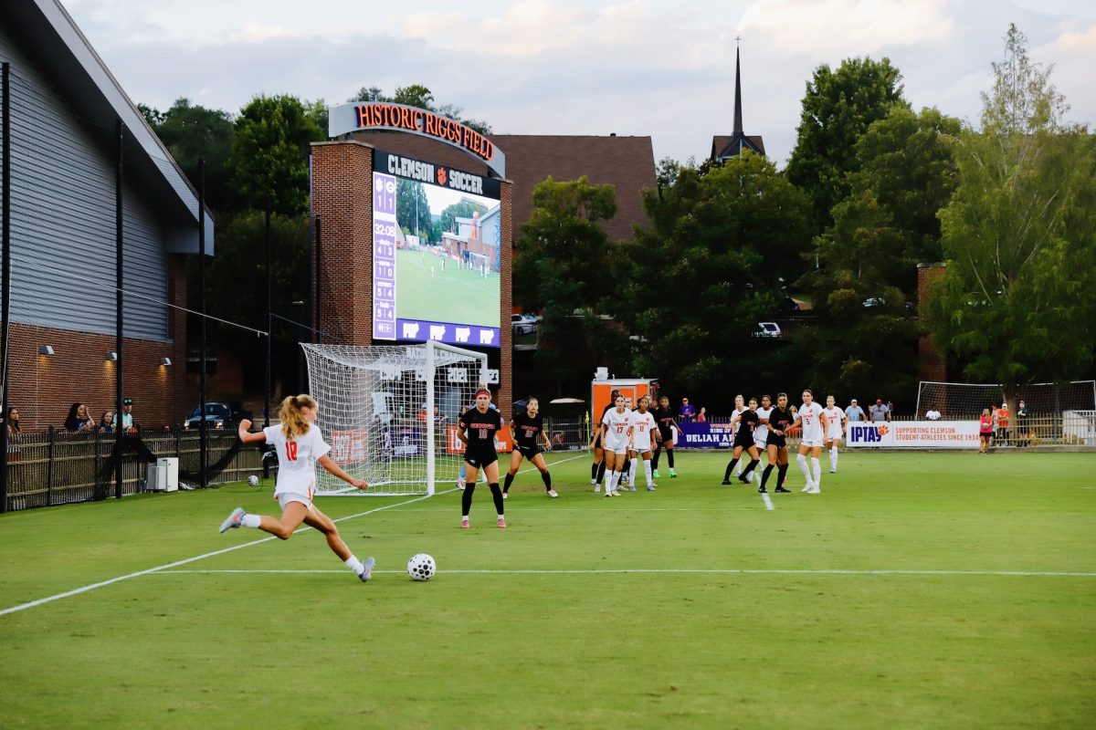 Clemson midfielder Renee Lyles sends in a free kick during the Tigers' draw against Georgia at Historic Riggs Field.