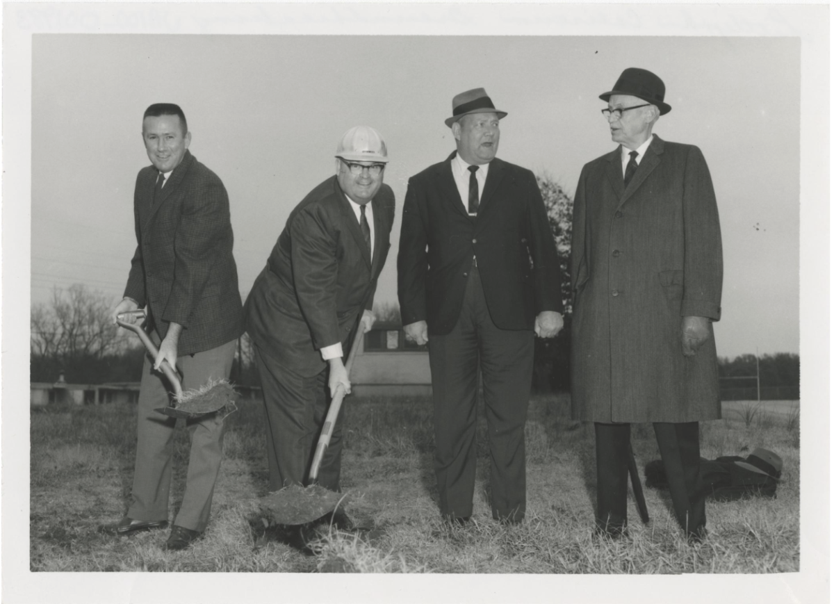 President Edwards,  pictured second to left, breaking ground on Littlejohn Coliseum.