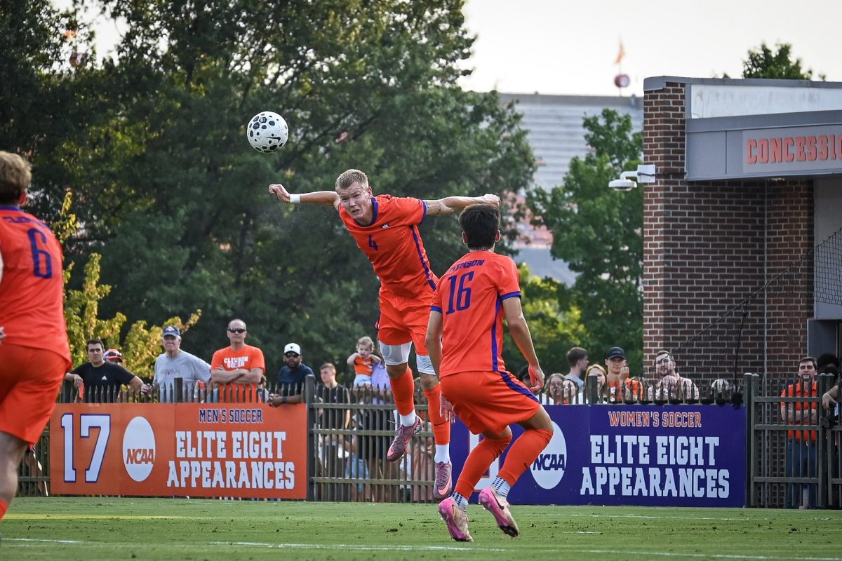 Clemson centerback Olafur Floki Stephensen clears the ball in the team's win over No. 10 Pitt at Historic Riggs Field.