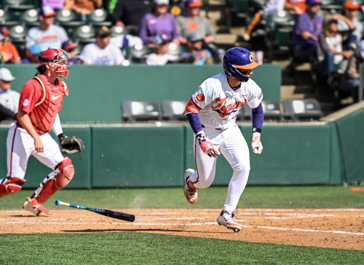 Tyler Lichtenberger, Clemson's incoming transfer from Appalachian State, books it to first base in a fall ball scrimmage against Alabama.