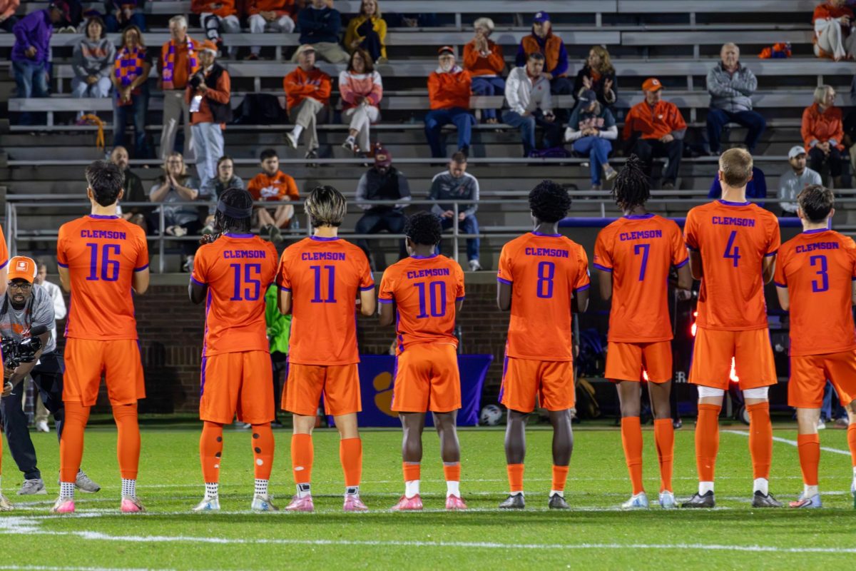 The Tigers applaud their loyal fans after losing in the first round of the College Cup against Western Michigan. 