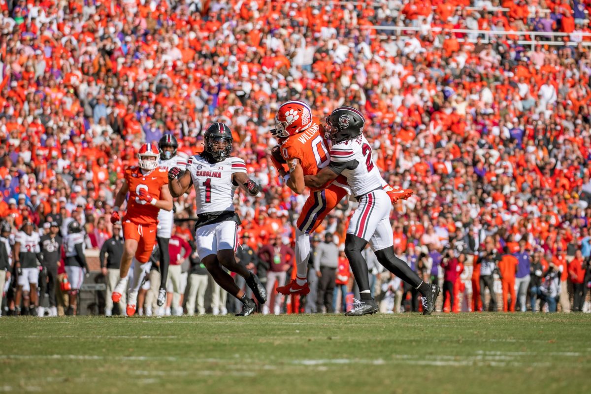 Clemson wide receiver Antonio Williams hauls in a contested catch against South Carolina on Nov. 30, 2024 at Memorial Stadium. 