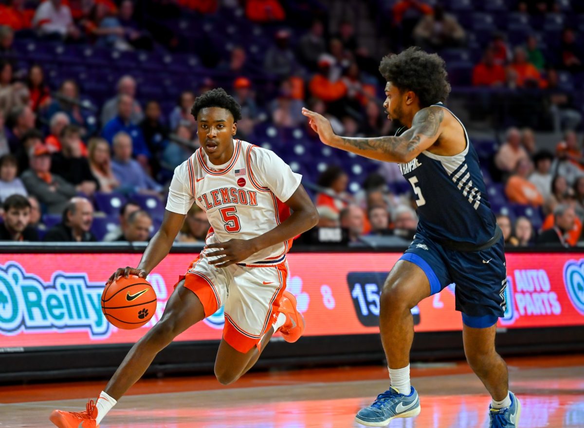 Clemson freshman guard Zac Foster drives to the basket in Clemson's win over New Hampshire. 