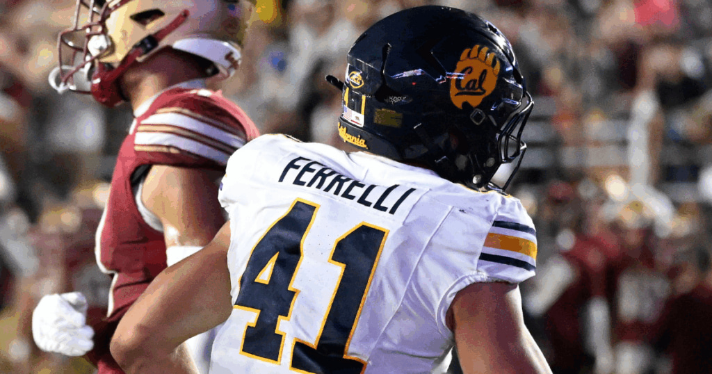 California Golden Bears linebacker Luke Ferrelli, No. 41, intercepts the ball in the final seconds of the second half against the Boston College Eagles at Alumni Stadium.