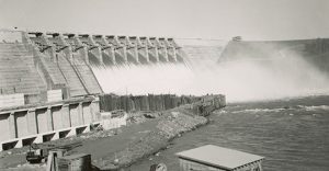 Hartwell Dam construction on the lake around 1960, spanning from Anderson, South Carolina to Hartwell, Georgia. 