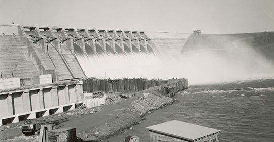 Hartwell Dam construction on the lake around 1960, spanning from Anderson, South Carolina to Hartwell, Georgia. 