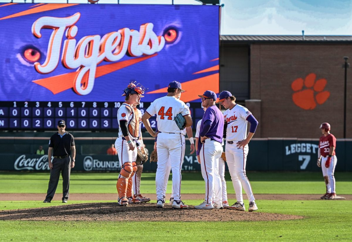 Clemson's infield squad convenes for a mound visit during their fall scrimmage against Alabama.