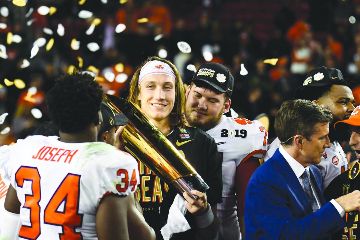 Trevor Lawrence celebrates College Football National Championship win.