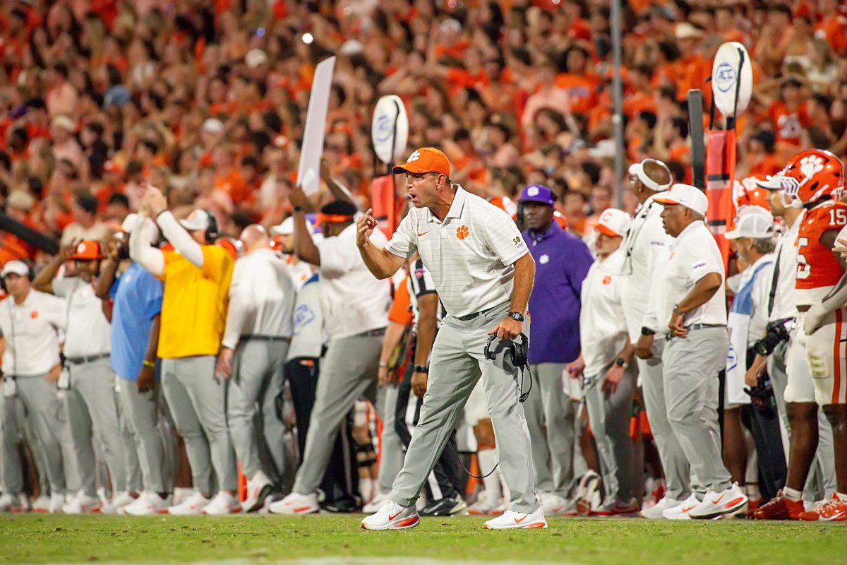 Football head coach Dabo Swinney coaches his team in the opening game of the 2025 season against LSU.