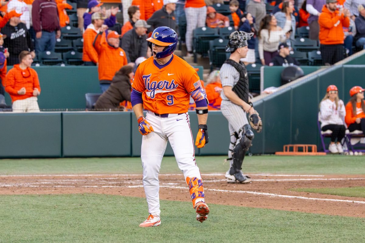 Senior catcher Jacob Jarrell gets fired up in Clemson's 2026 opening weekend against Army.