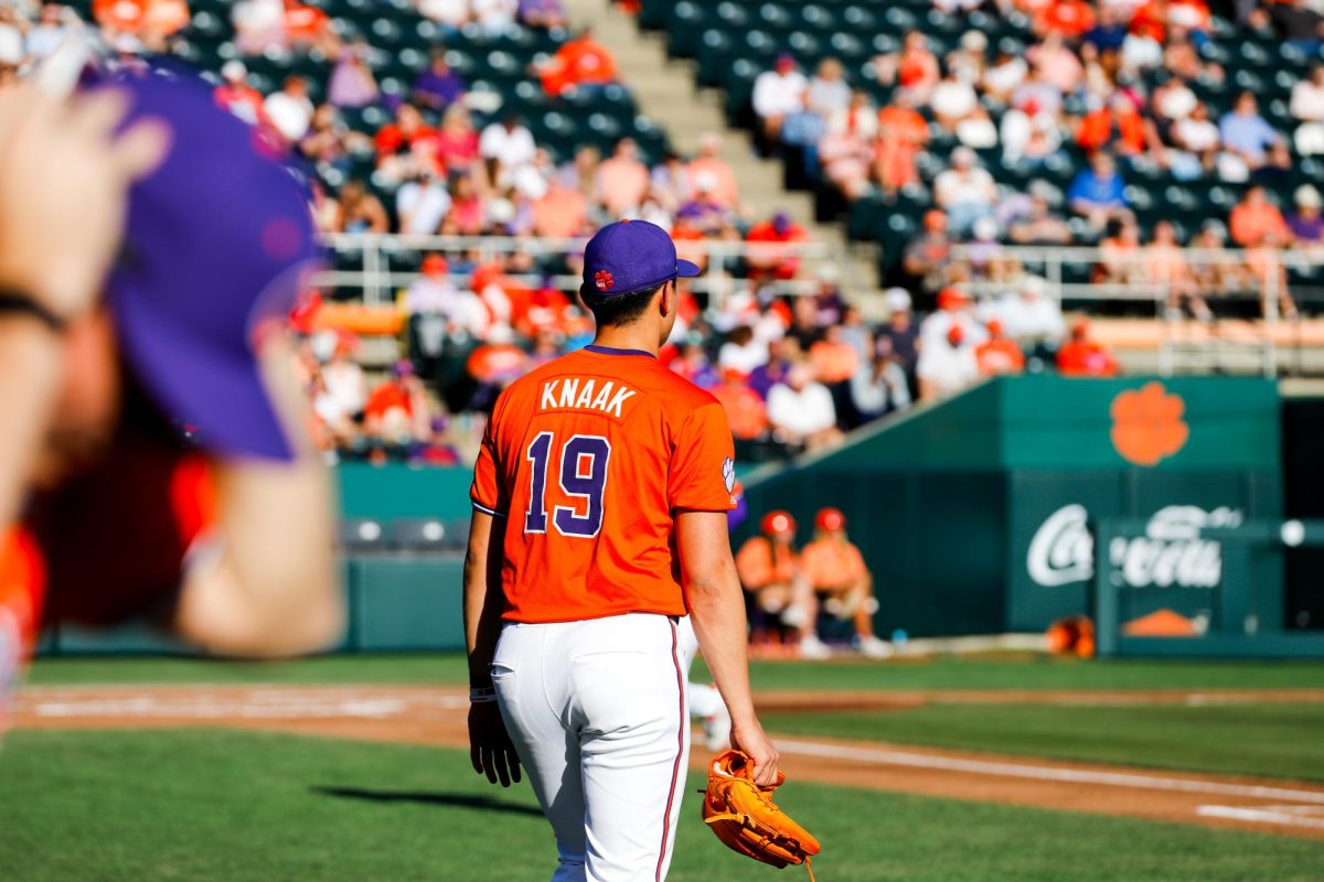 Aidan Knaak walks out to the mound in Game 1 of the Tigers' series against Bryant.