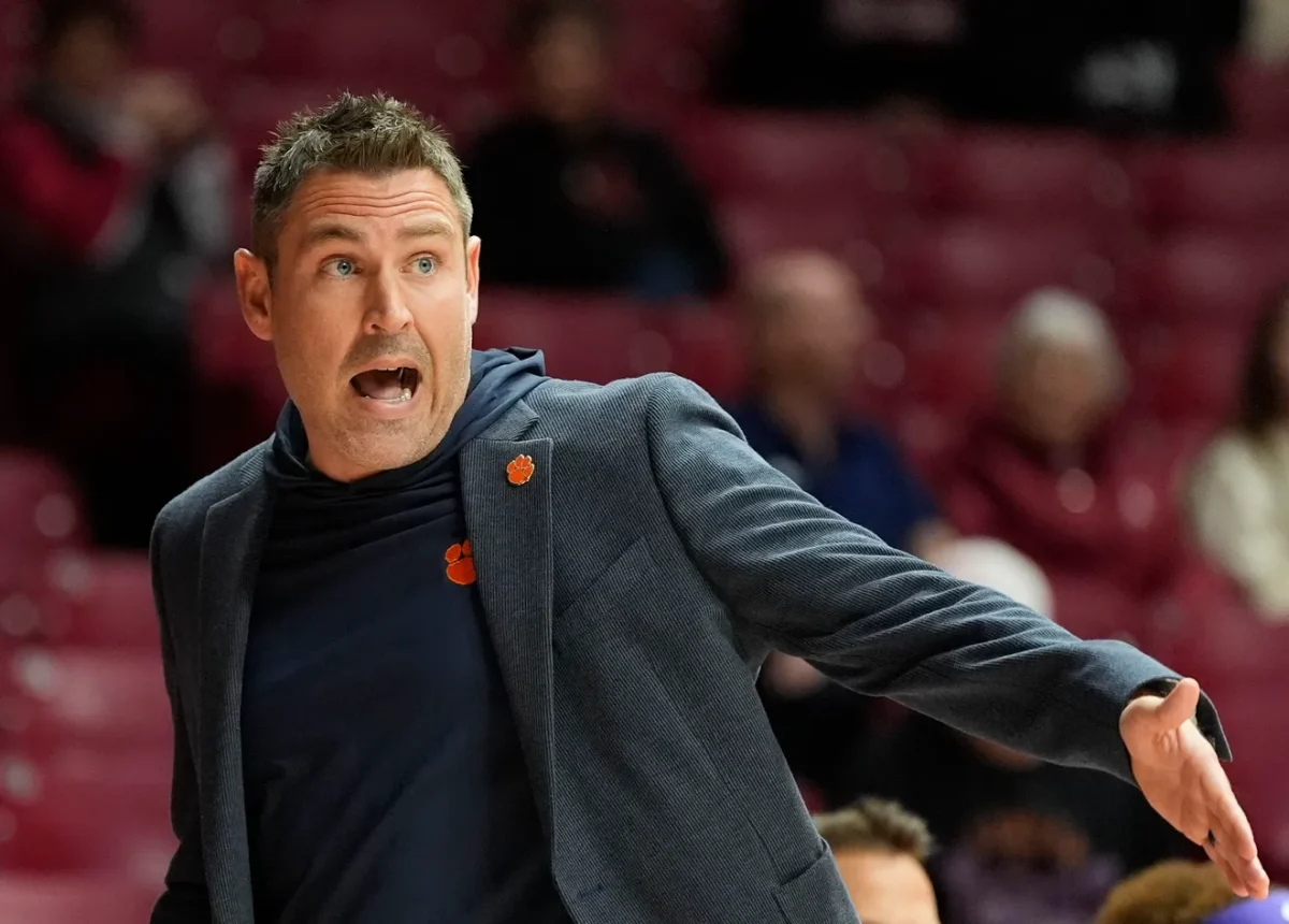 Clemson head coach Shawn Poppie yells instructions to his team as the Tigers face Alabama at Coleman Coliseum on Dec. 4, 2025.