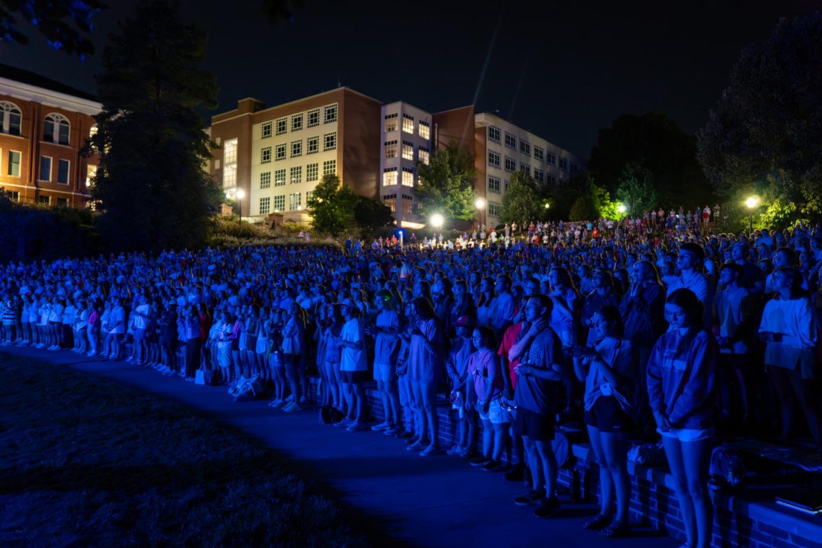 Students meet at the campus amphitheater on Thursday at 9:19 p.m. for a large-group worship service.