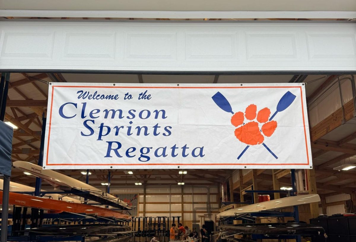 The banner draped outside Clemson Crew's boathouse during their Clemson Sprints Regatta on April 4, 2026.