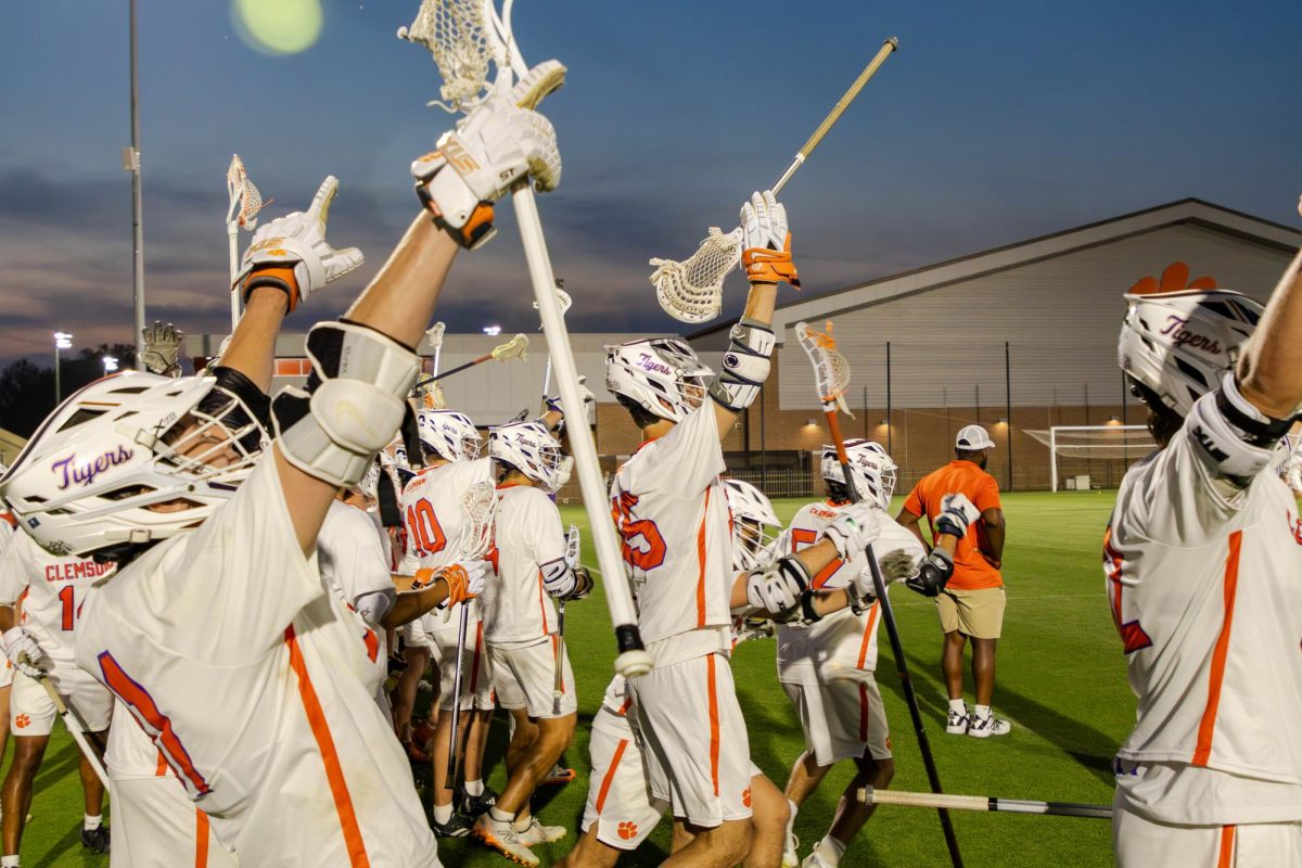 The Clemson sideline erupts in celebration following a goal against No. 3 South Carolina.