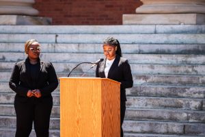 Dasia Goldsmith, vice president of Clemson's NAACP chapter, speaks at Monday's press conference.