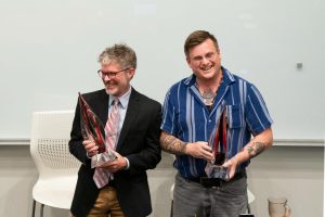 Clemson faculty members Charlie Kurth, left, and Mike Gregory, right, receive the Berkson Courageous Colleague Award.